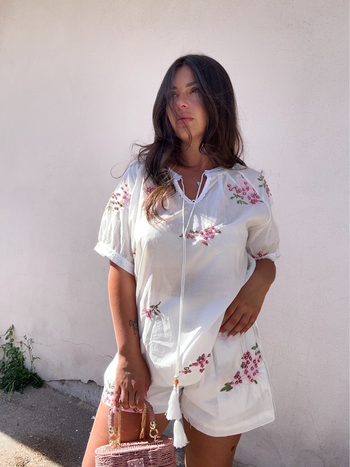 Twinset cotone ricamo fiori rosa