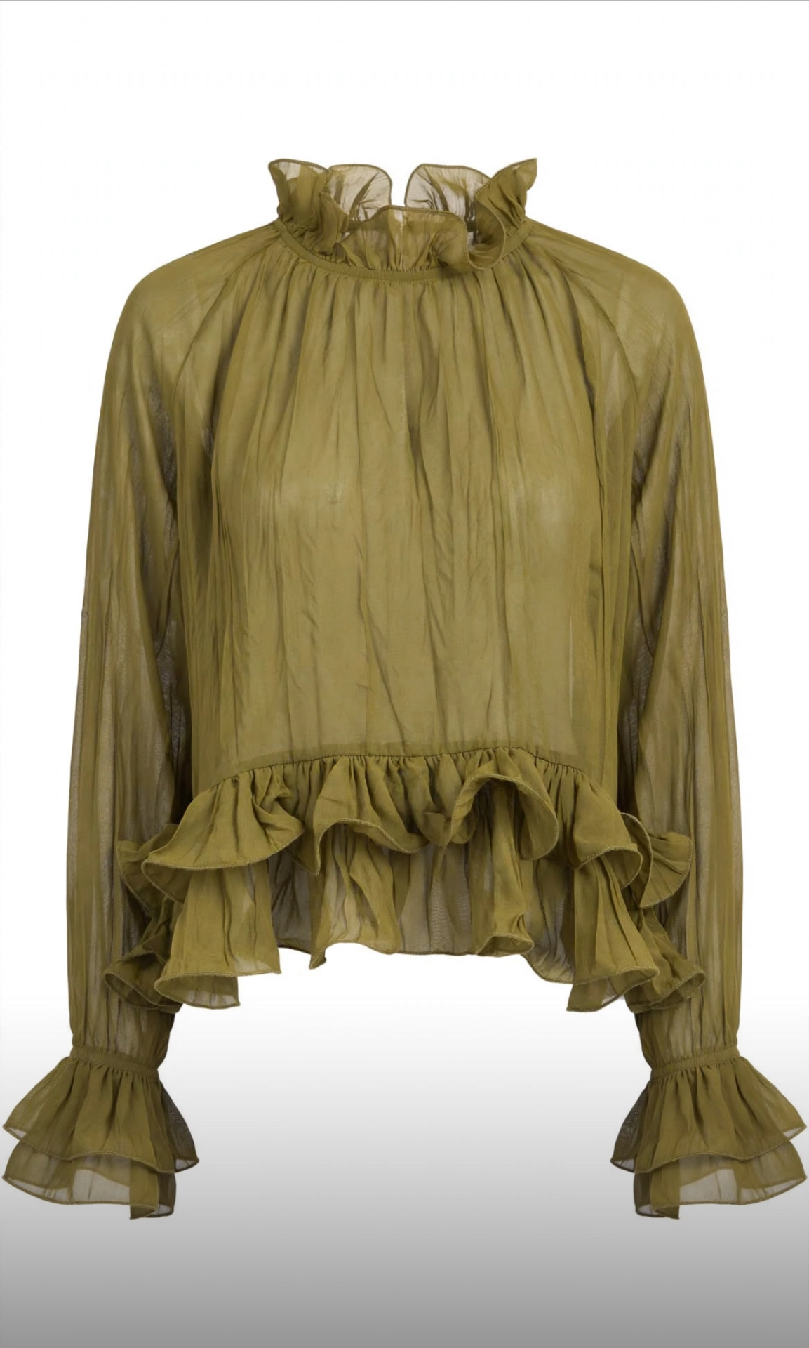 Camicia velata con collo alto e balze