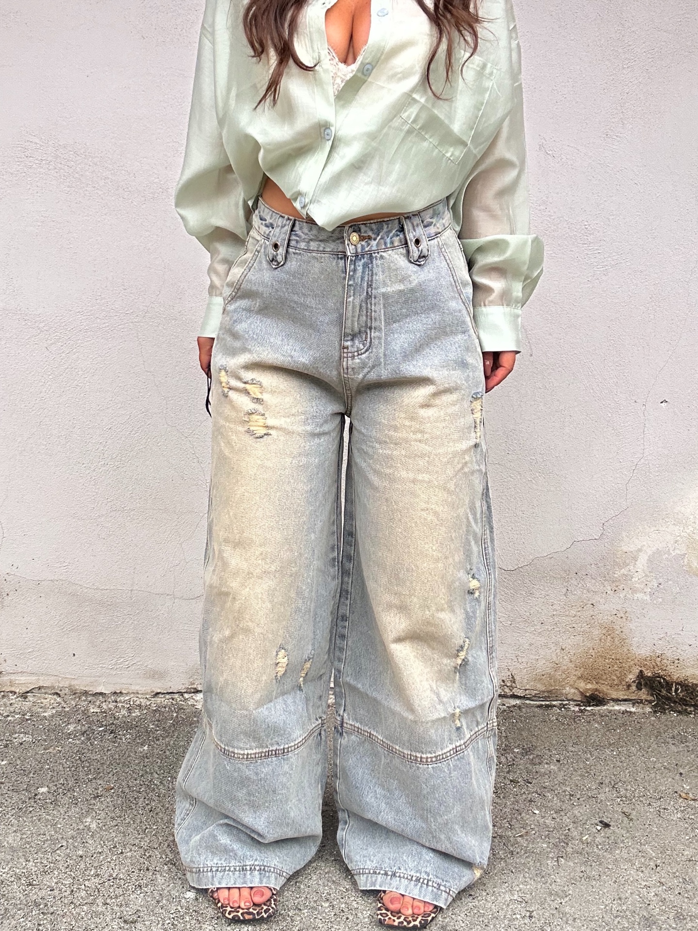 Jeans wide leg délavé